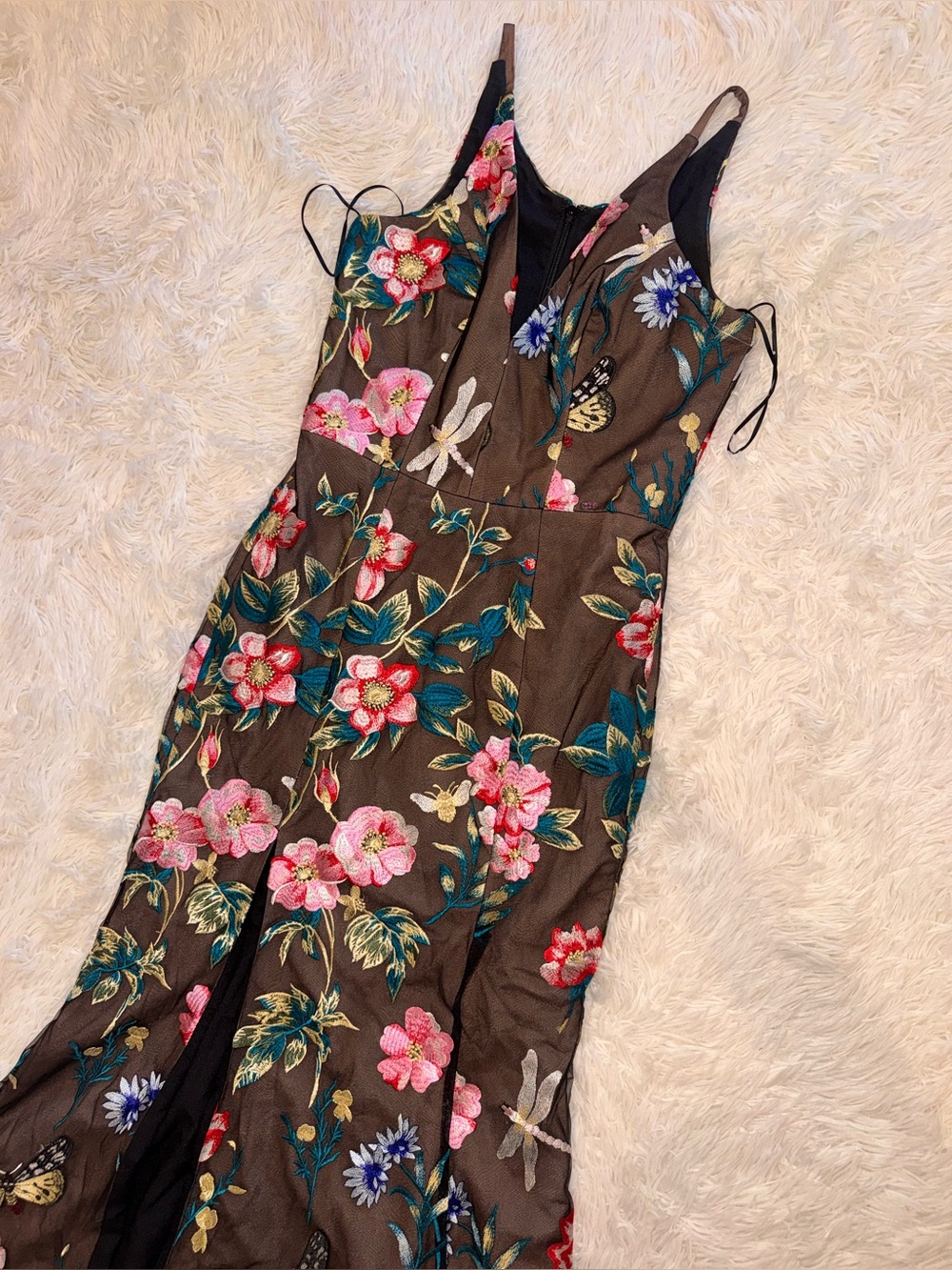 New Dress the Population Brown Floral Maxi Dress with Pink & Teal Blooms - Picture 6 of 9